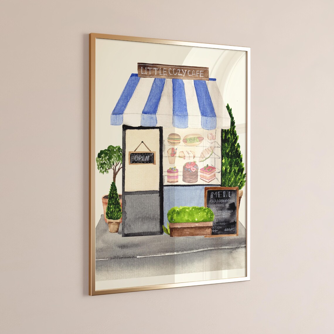 Little Cozy Cafe Watercolor Storefront Blue Awning Pastry Shop Poster - Image 2