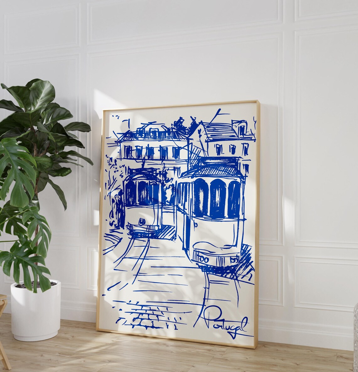 Lisbon Portugal Blue Tram Sketch Art Print Old Town Street Wall Art - Image 2