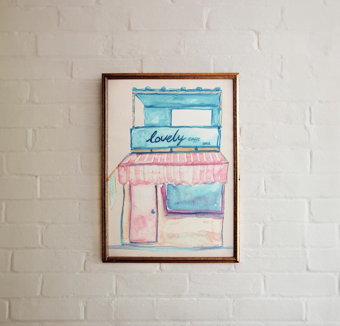 Lovely Caffe Watercolor Cafe Storefront Blue Pink Awning Art Print - Image 3
