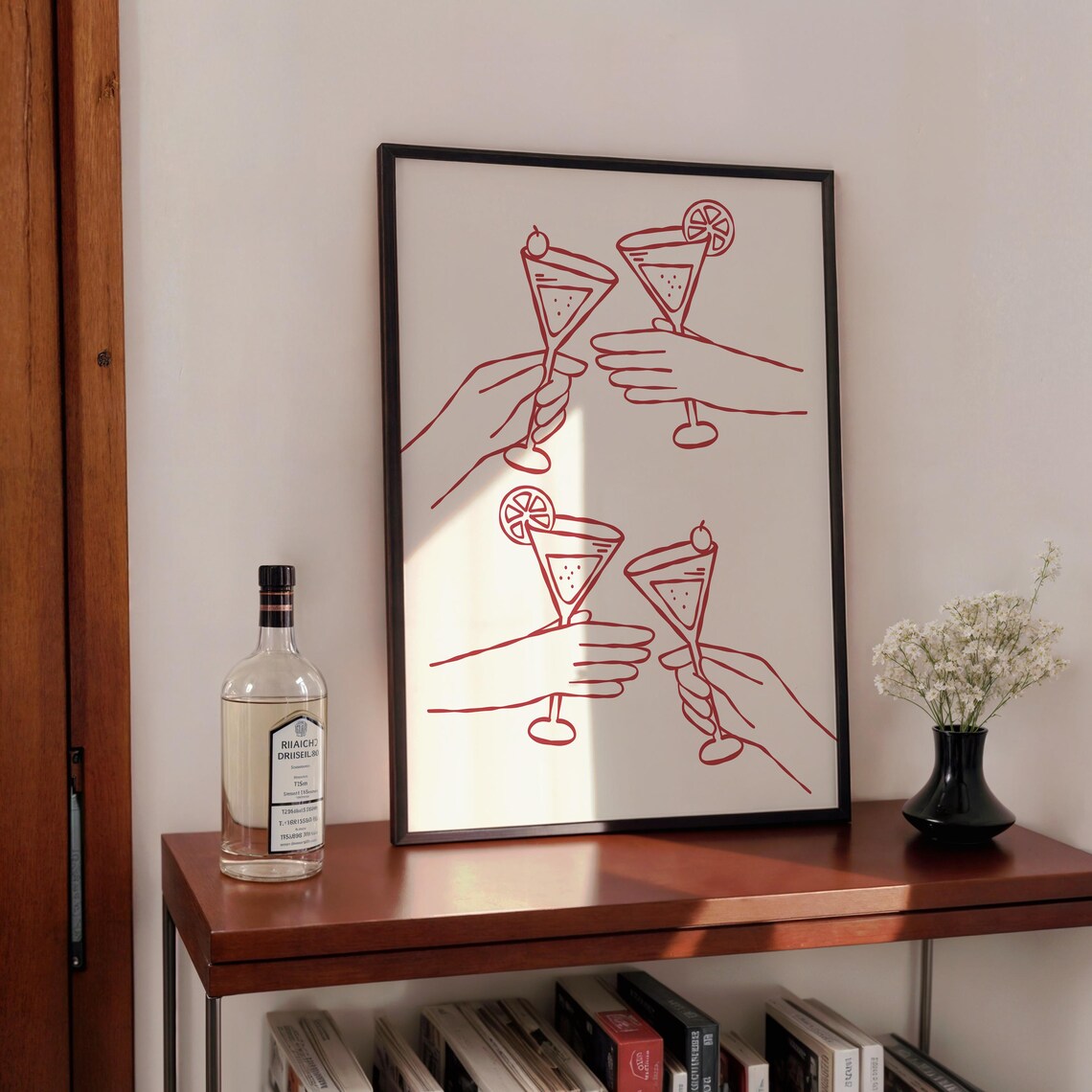 Cheers Cocktail Glasses Red Raising Line Art Retro Bar Cart Poster - Image 3