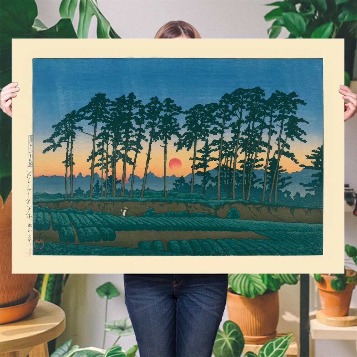 Kawase Hasui Sunset Pine Forest Red Sun Field Vintage Woodblock Art Poster - Image 4