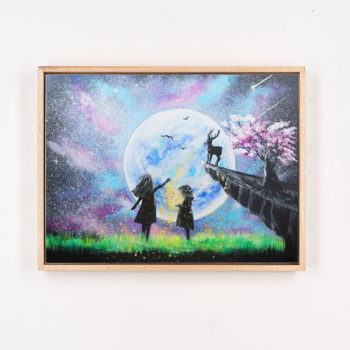 Children Watching Full Moon With Deer Fantasy Night Art Poster - Image 4