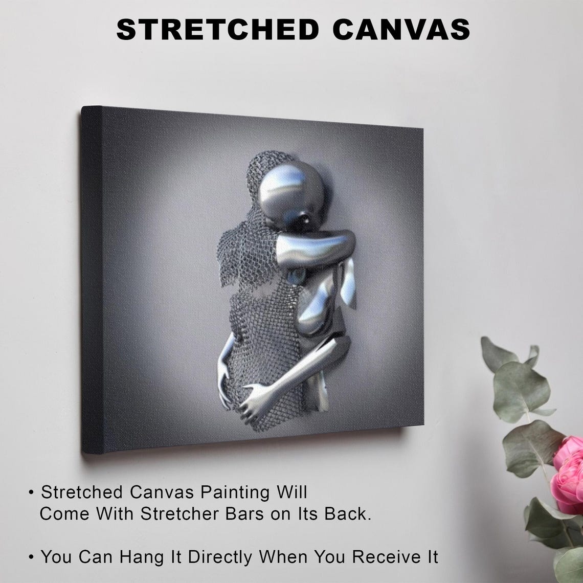Silver 3D Metallic Effect Embracing Couple Modern Love Art Poster - Image 3