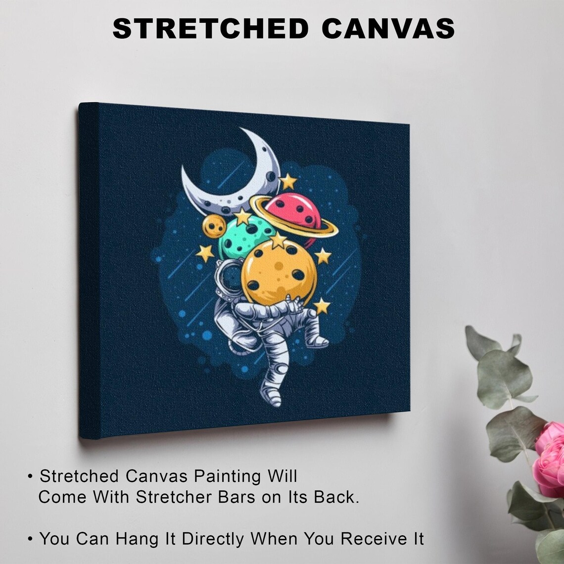 Astronaut Carrying Armful of Colorful Planets Space Cartoon Poster - Image 3