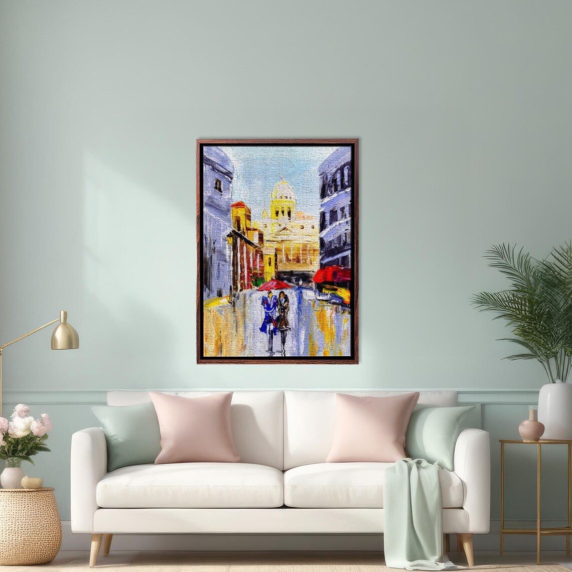 Italy Old Town Street Couple With Red Umbrella Oil Painting Poster