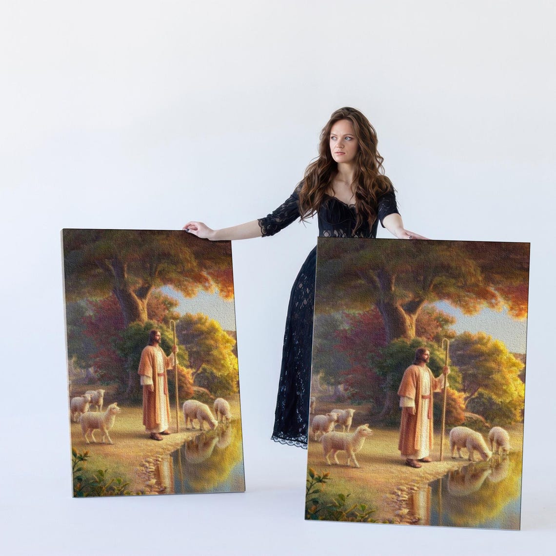 Jesus Christ the Good Shepherd Watching Lambs Lakeside Poster - Image 5