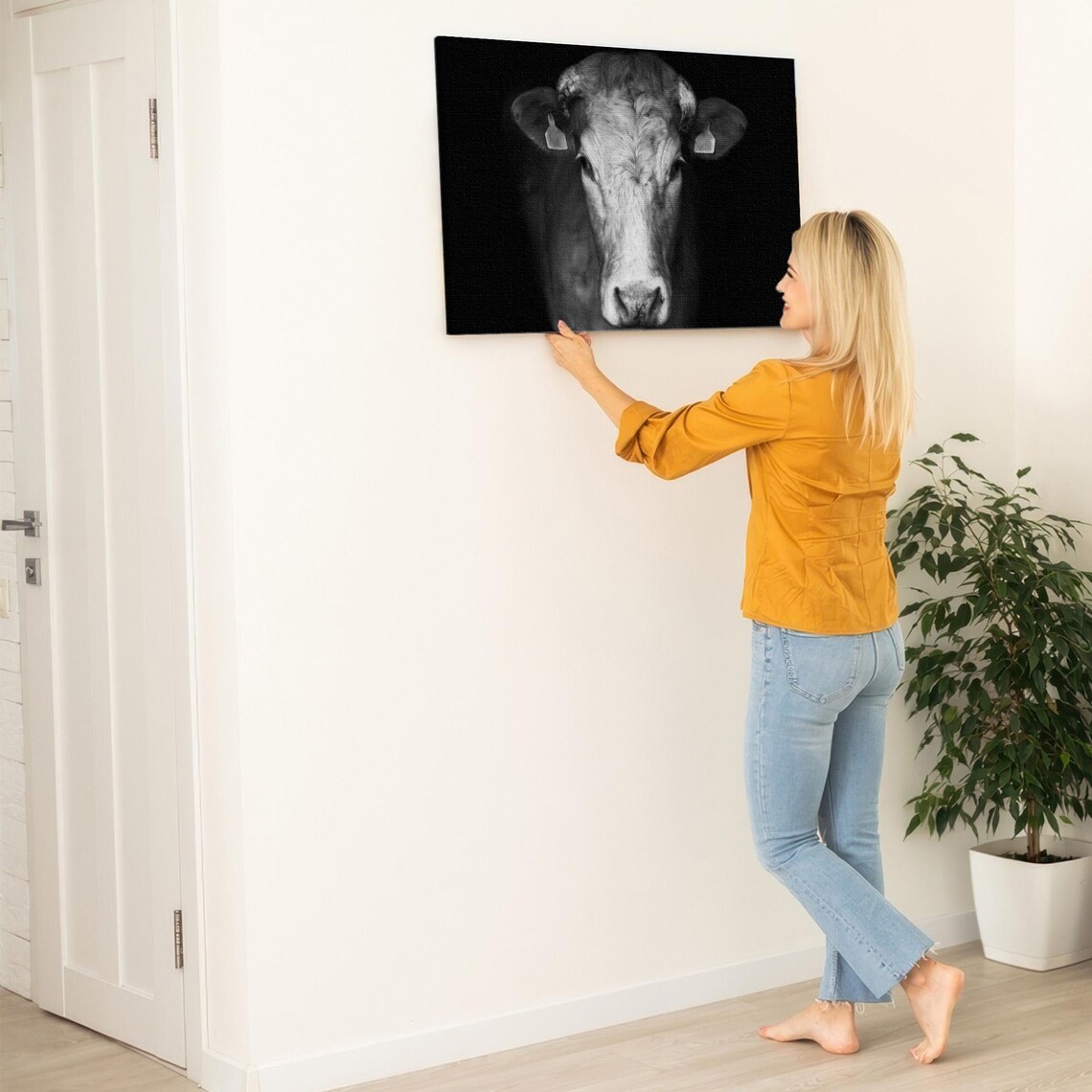 Black and White Cow Portrait on Dark Background Photo Poster - Image 5