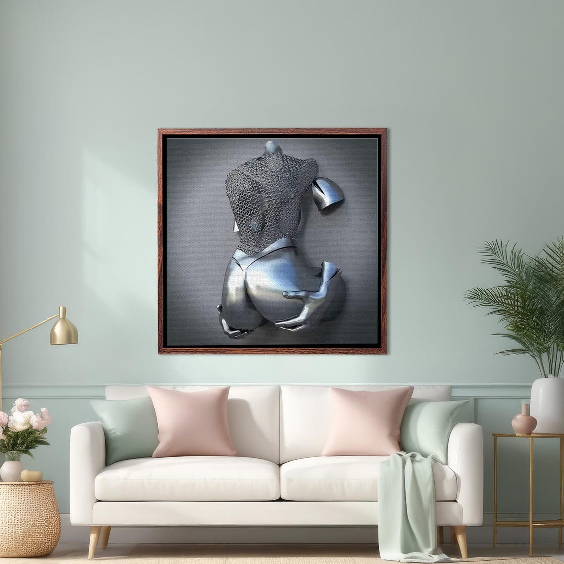 Silver Chrome 3D Surreal Female Torso Sculpture On Gray Poster