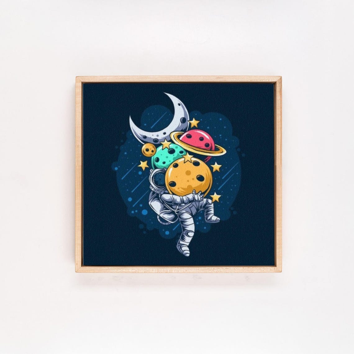 Astronaut Carrying Armful of Colorful Planets Space Cartoon Poster - Image 4