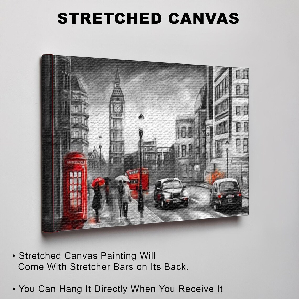 London Street in Black White and Red with Big Ben Tower Poster - Image 3