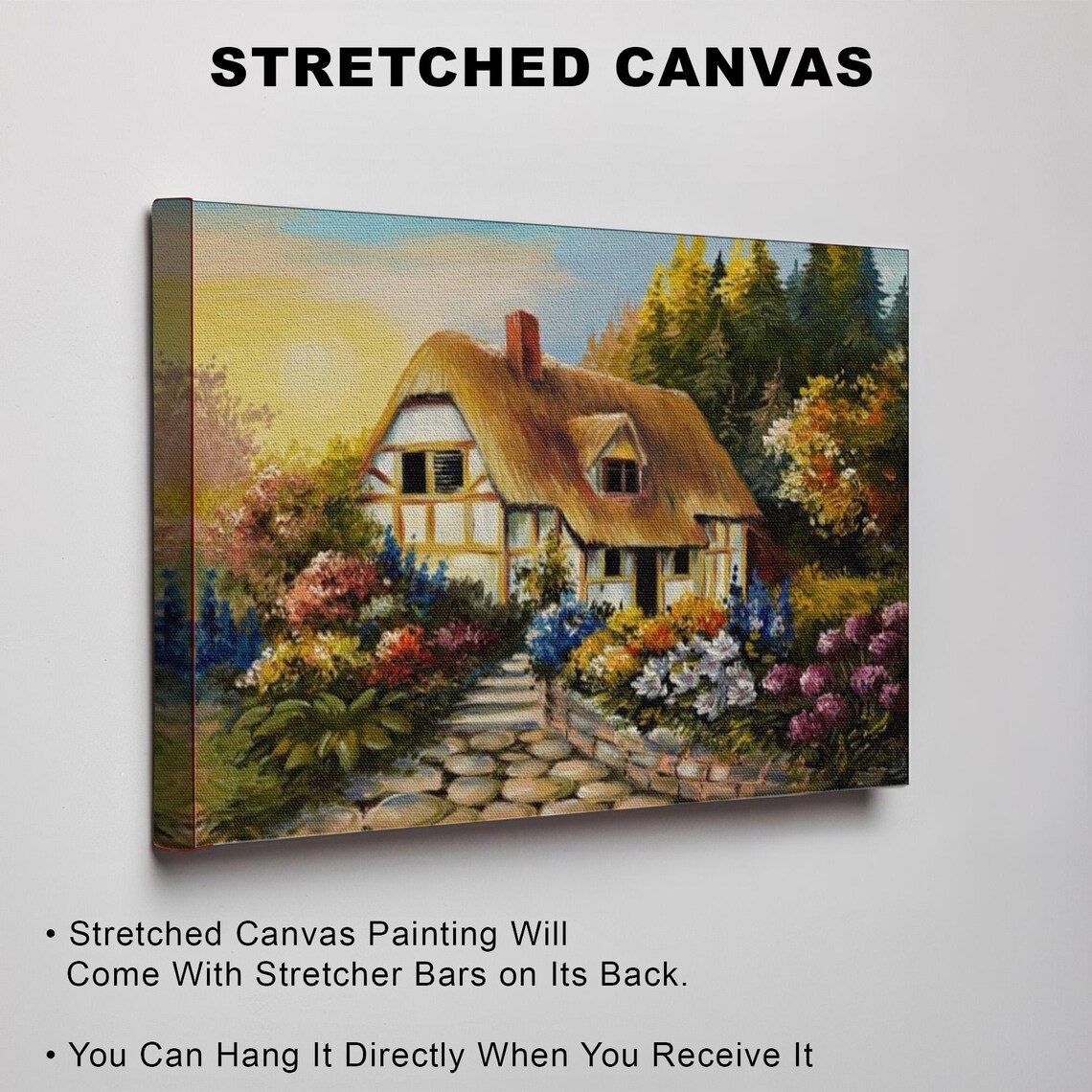 Thatched Roof Cottage Garden Blooming Flowers Sunset Painting Poster - Image 3