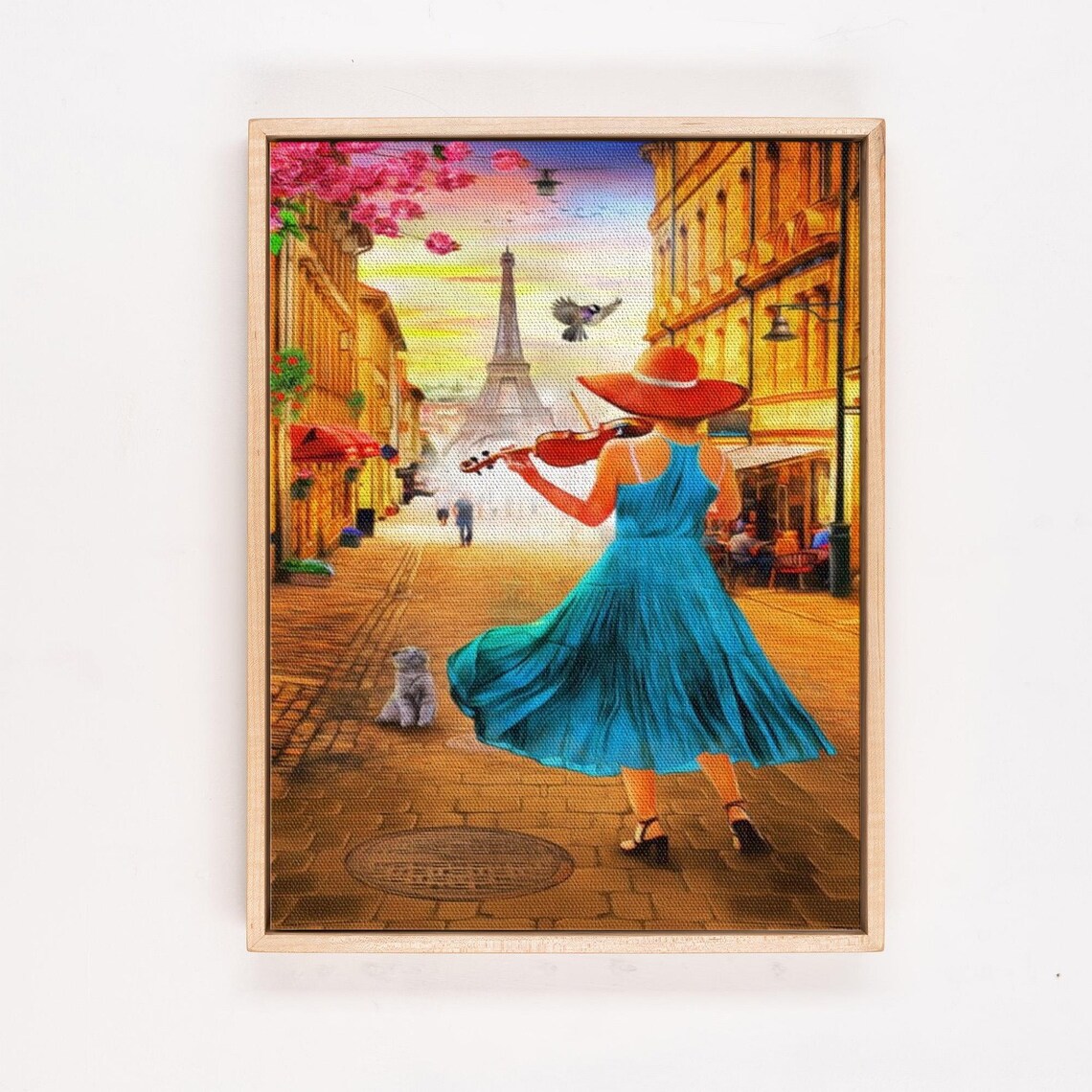 Violinist in Blue Dress on a Paris Street with Eiffel Tower Poster - Image 4