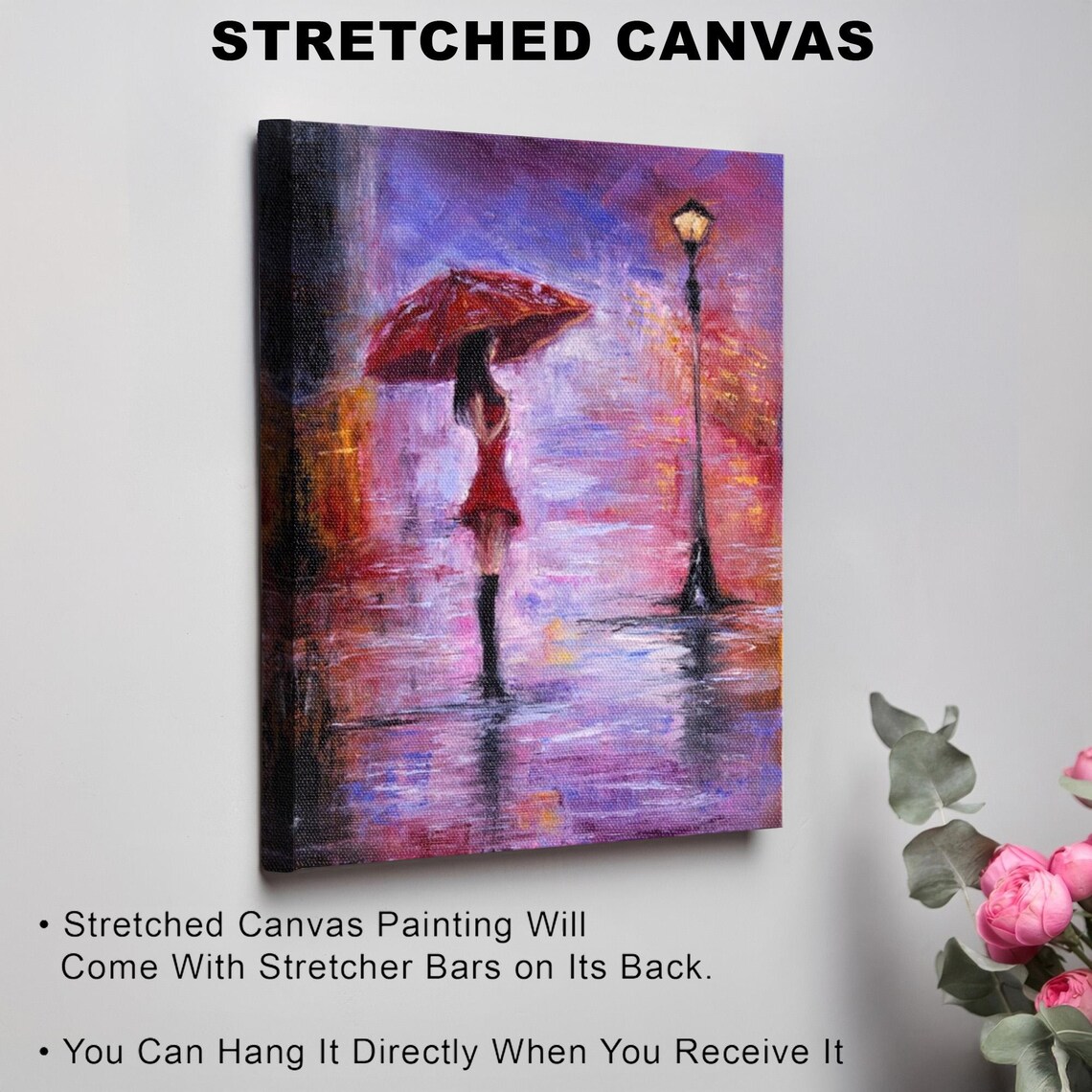 Woman With Red Umbrella Under Lamp on Rainy Night Street Poster - Image 3
