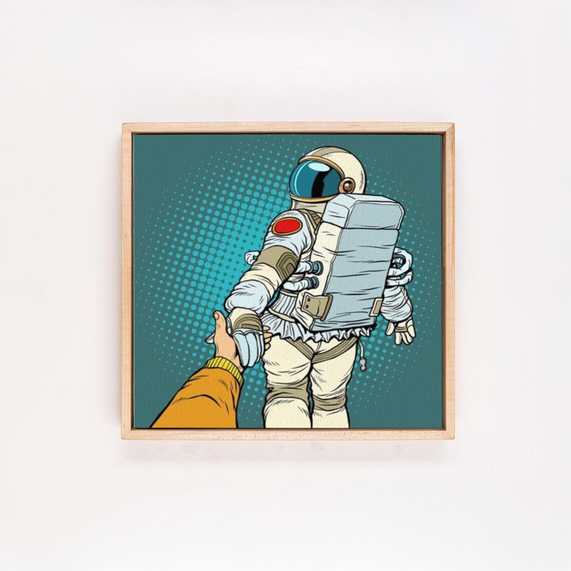 Retro Pop Art Astronaut Holding a Hand on Teal Halftone Poster - Image 4