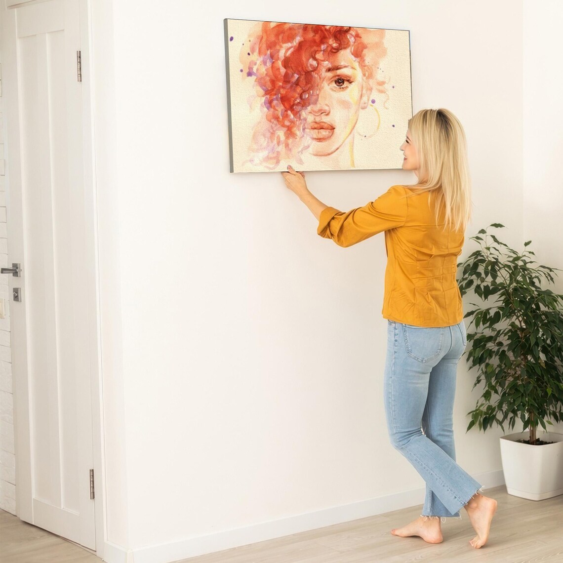 Woman With Red Curly Hair Watercolor Portrait Painting Art Poster - Image 5