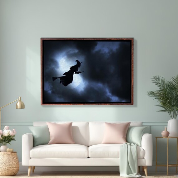 Witch Silhouette Flying On Broomstick Past Full Moon Halloween Poster
