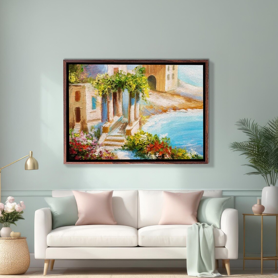 Colorful Seaside House With Flowers Overlooking Blue Sea Poster