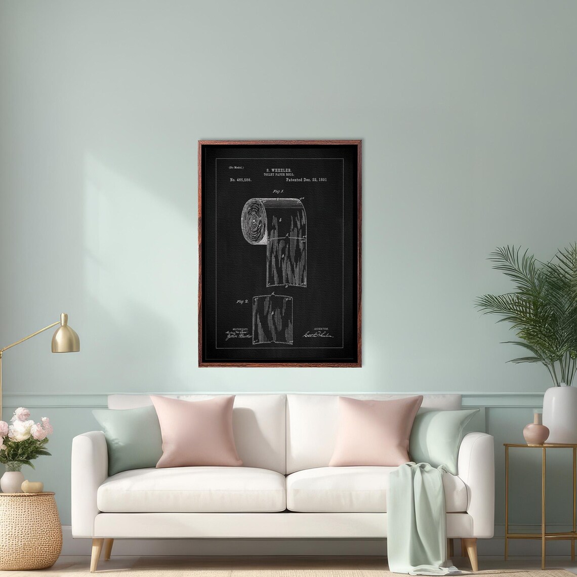 Vintage 1891 Toilet Paper Roll Patent Diagram on Black Poster