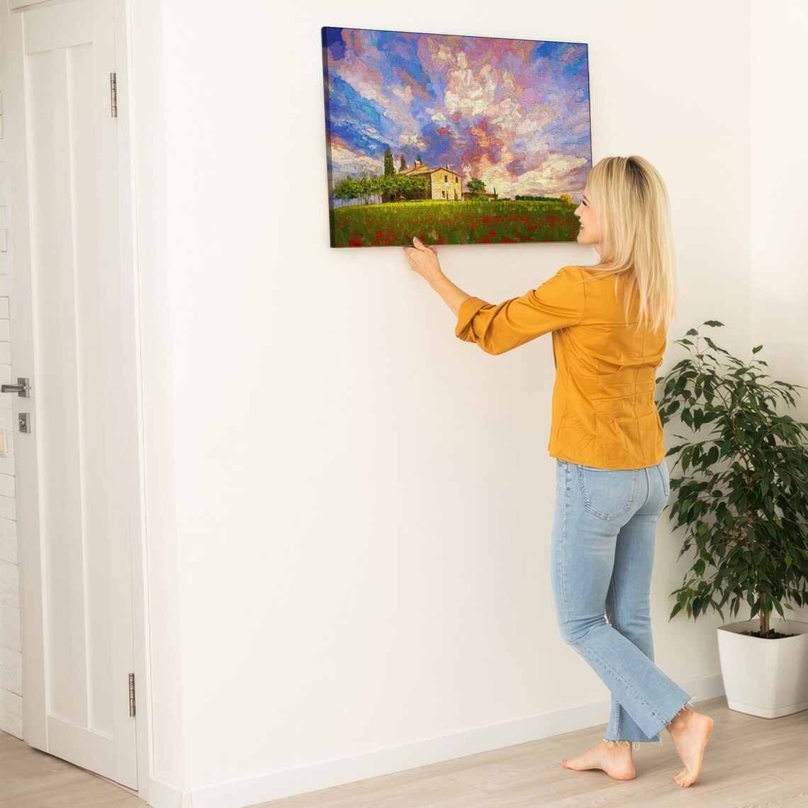 Tuscany Hilltop Farmhouse Above Red Poppy Field Oil Painting Poster - Image 5