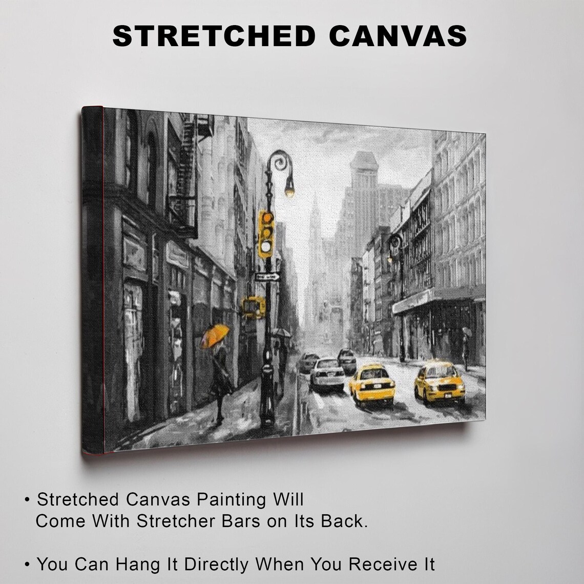 Black and White New York Street With Yellow Taxis Rain Poster - Image 3