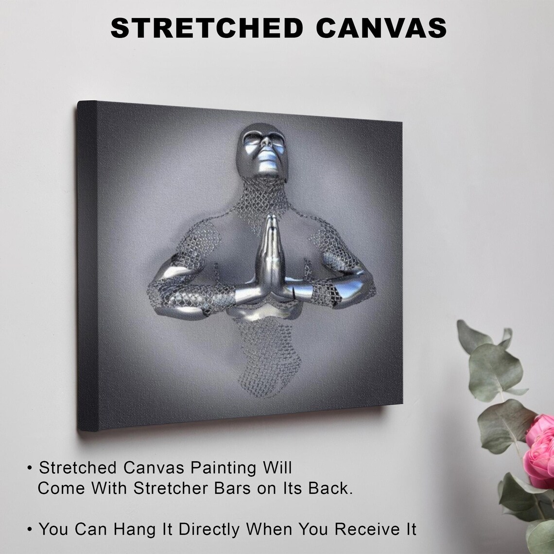 Metallic Silver Figure in Prayer Meditation Yoga Pose Poster - Image 3