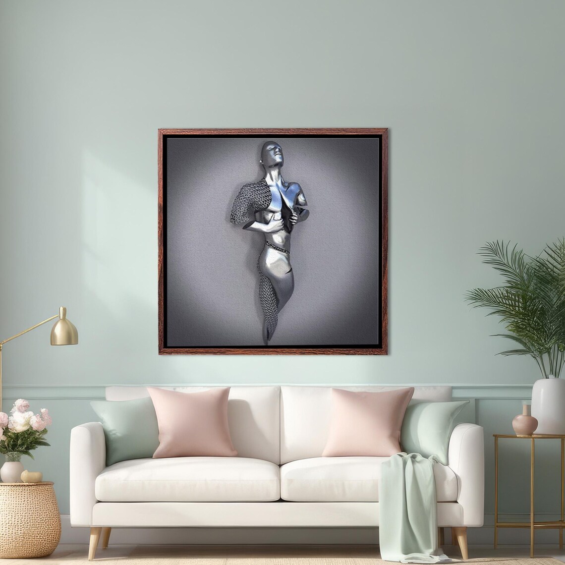 Abstract Silver Metallic Standing Human Figure Sculpture Poster
