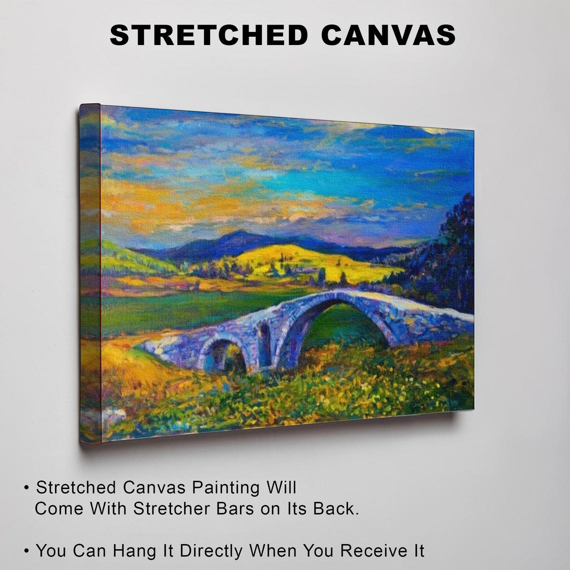 Stone Arch Bridge Over River At Sunset Landscape Painting Art Poster - Image 3
