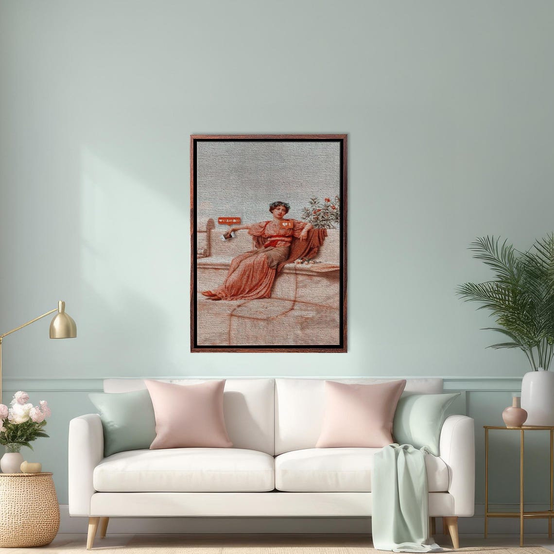 Classical Woman in Orange Drapery on Steps Vintage Art Poster