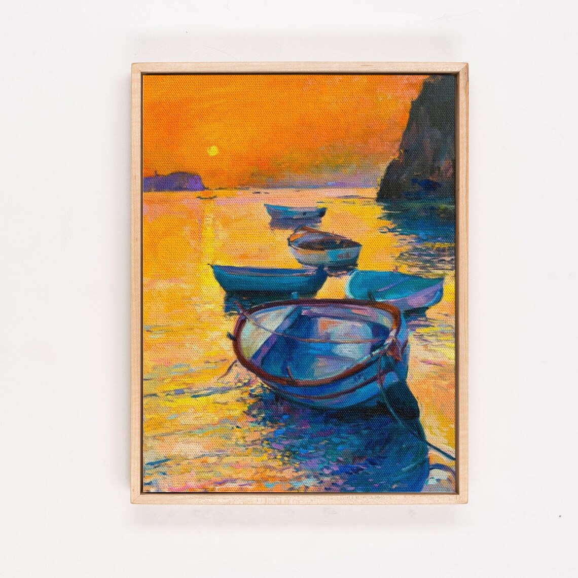 Fishing Boats On Shore At Golden Sunset By The Sea Oil Painting Poster - Image 4