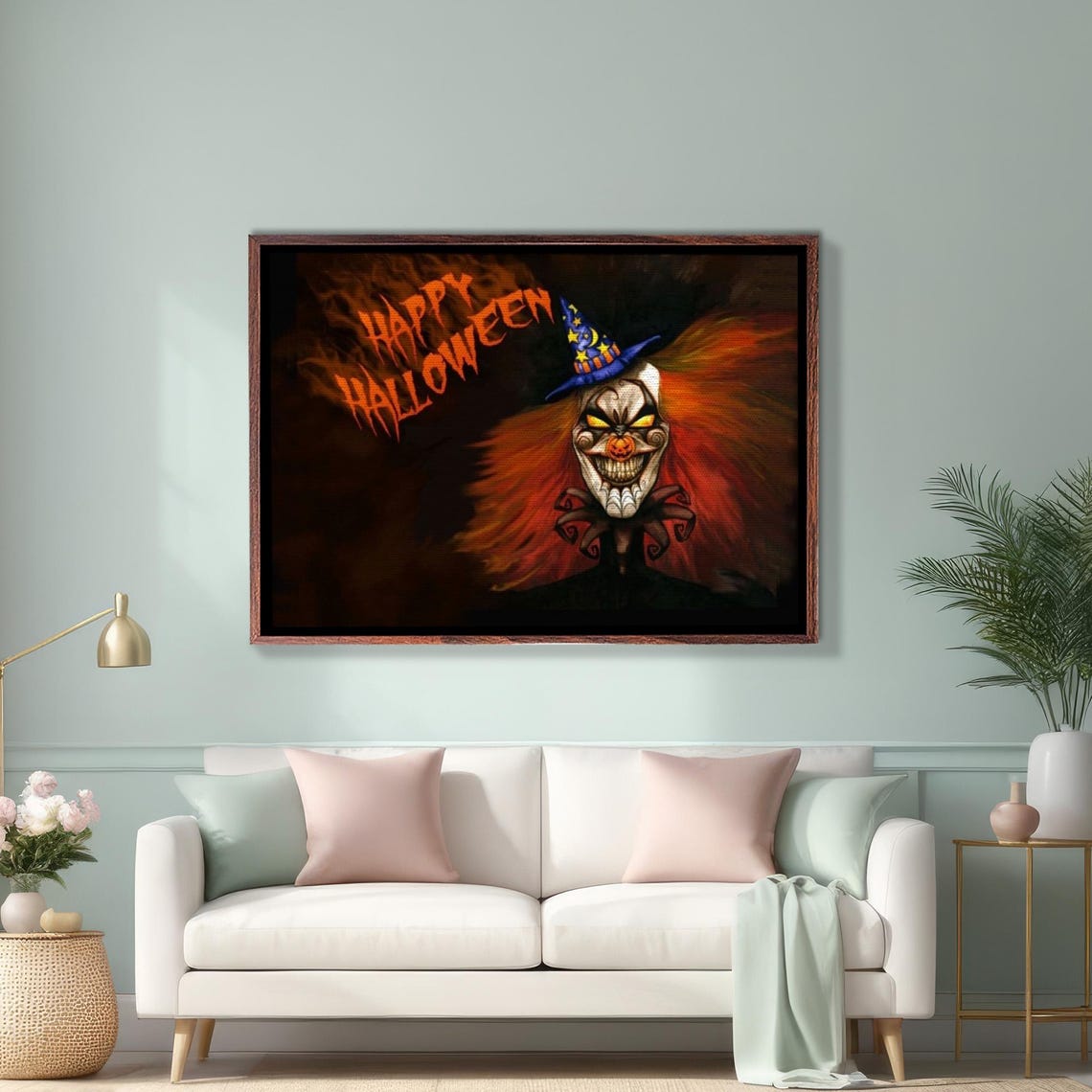 Happy Halloween Scary Clown Face With Witch Hat Spooky Poster