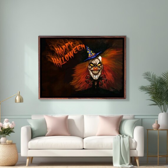Happy Halloween Scary Clown Face With Witch Hat Spooky Poster
