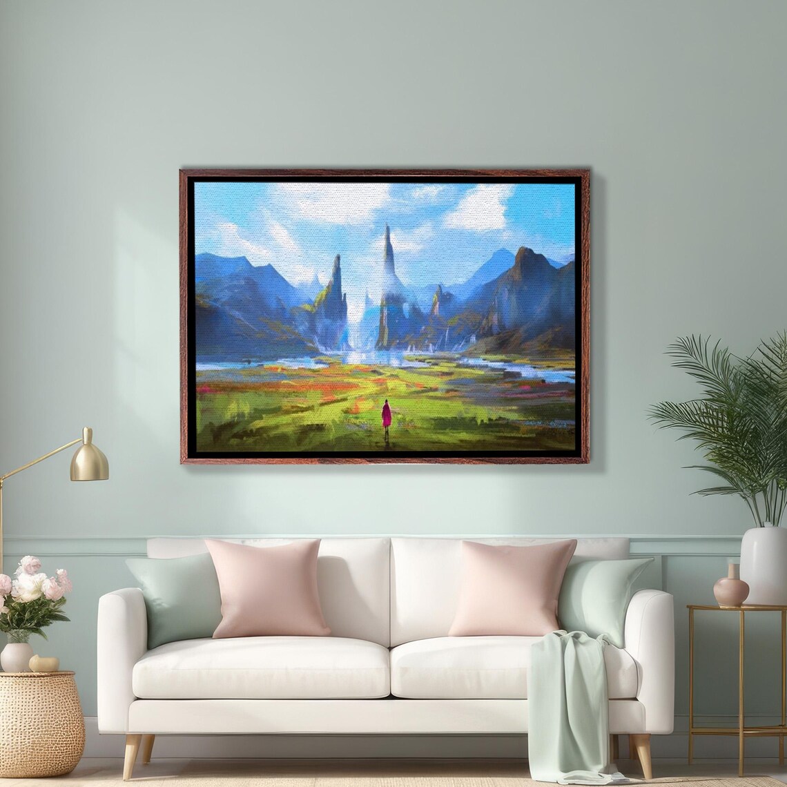 Lone Traveler Walking Toward the Misty Mountain Spires Poster