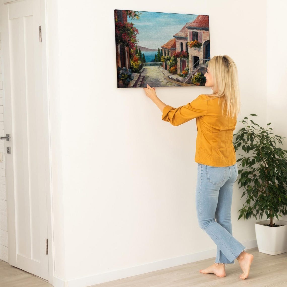 Charming Mediterranean Coastal Village Sea View Painting Poster - Image 5