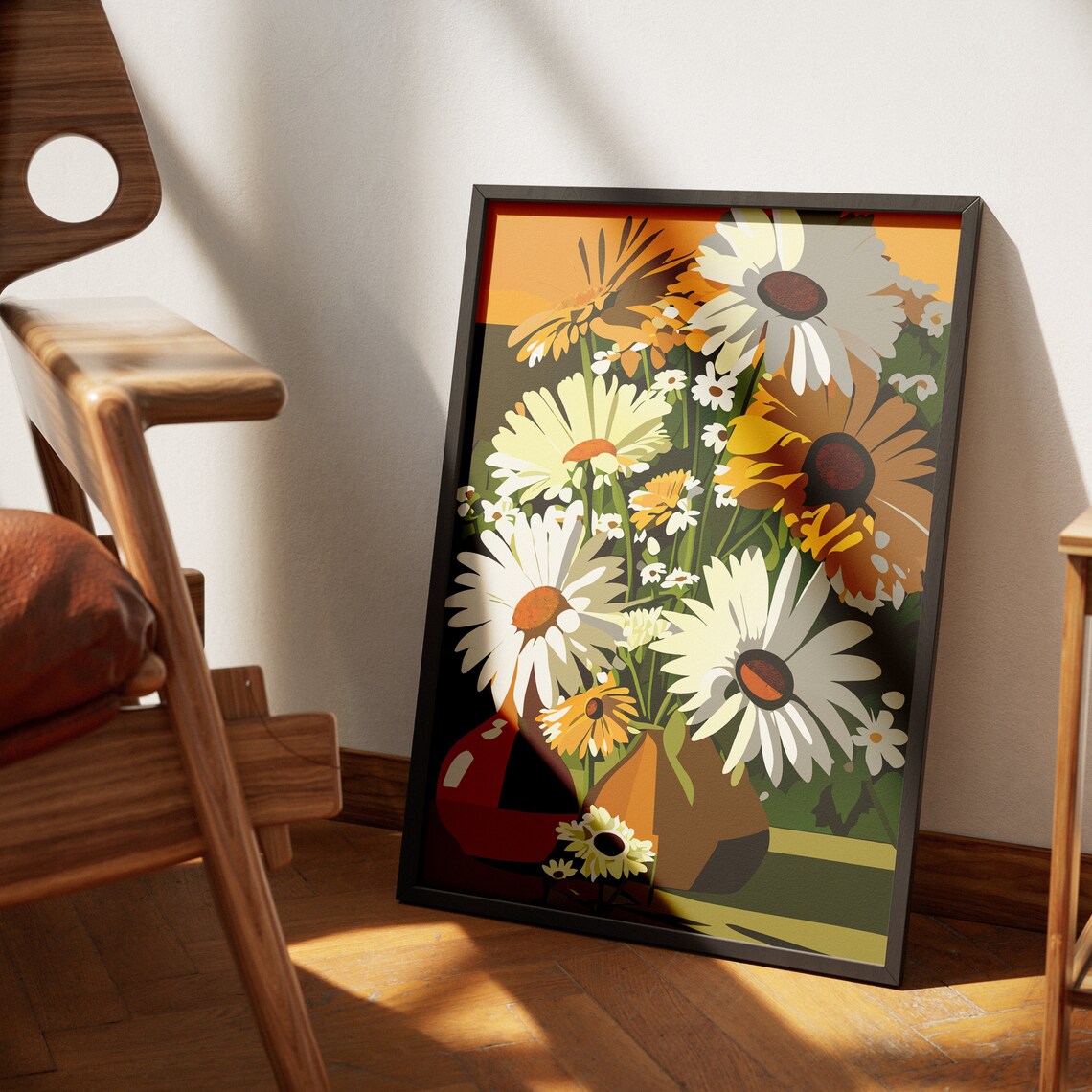 Warm Sunset Daisies In Amber Vase Retro Floral Illustration Poster - Image 4
