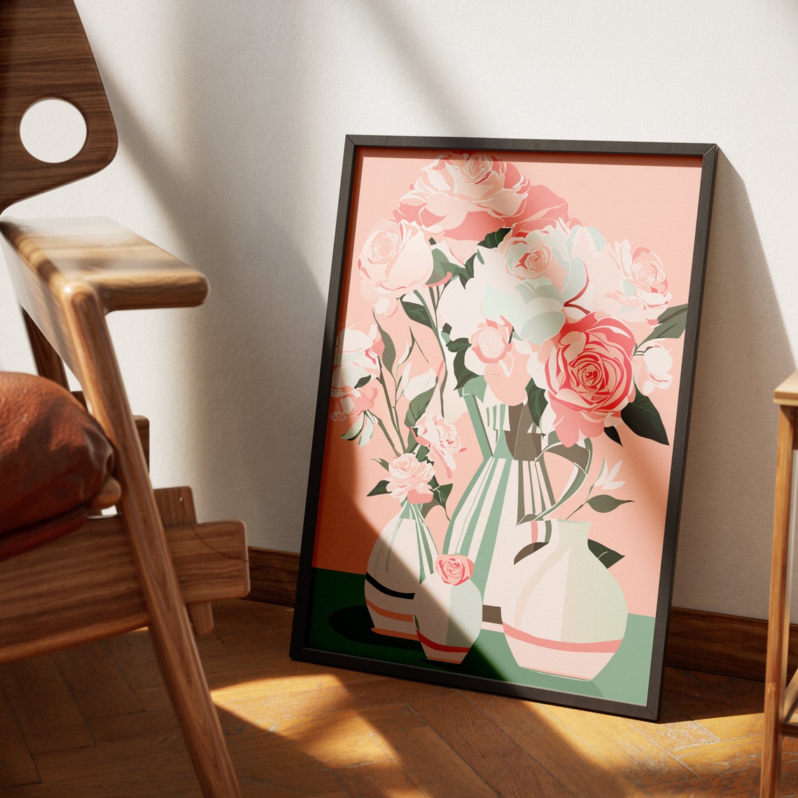 Pink Roses Bouquet In Pastel Vases Sweet Floral Illustration Poster - Image 4
