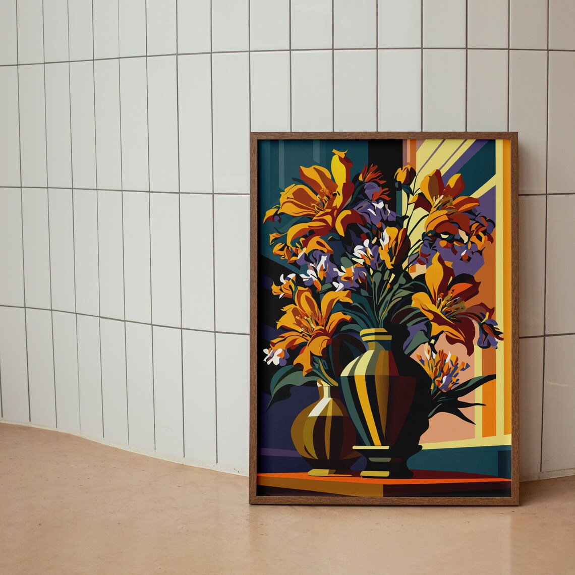 Sunny Yellow Lilies In Striped Vases Floral Illustration Poster - Image 2