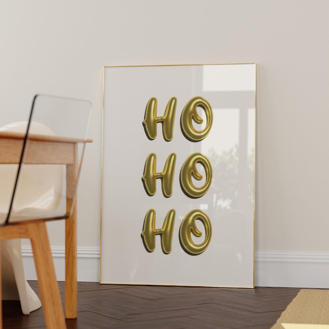 Ho Ho Ho Gold Balloon Letters Minimalist White Christmas Fun Poster