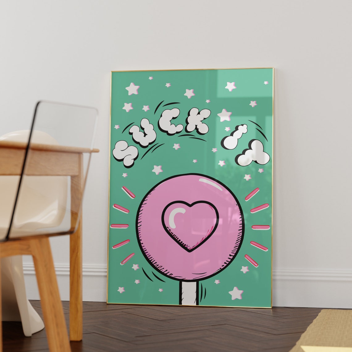 Suck It Pink Lollipop Heart Retro Green Bubble Letter Fun Poster - Image 2