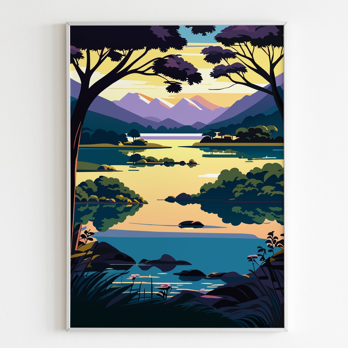 Peaceful Lakeside Sunset Mountains Lake Reflection Art Poster