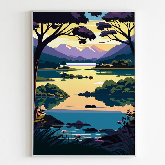Peaceful Lakeside Illustration Poster Landscape Wall Art Neutral Art Illustration Colorful Travel Print Aesthetic Home Decor