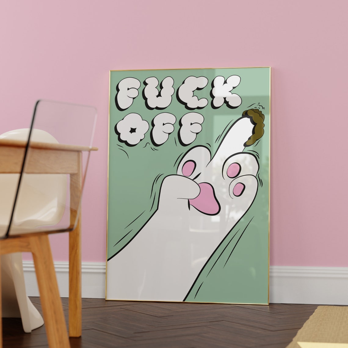 Fuck Off Cartoon Paw Middle Finger Funny Sassy Green Humor Poster - Image 2