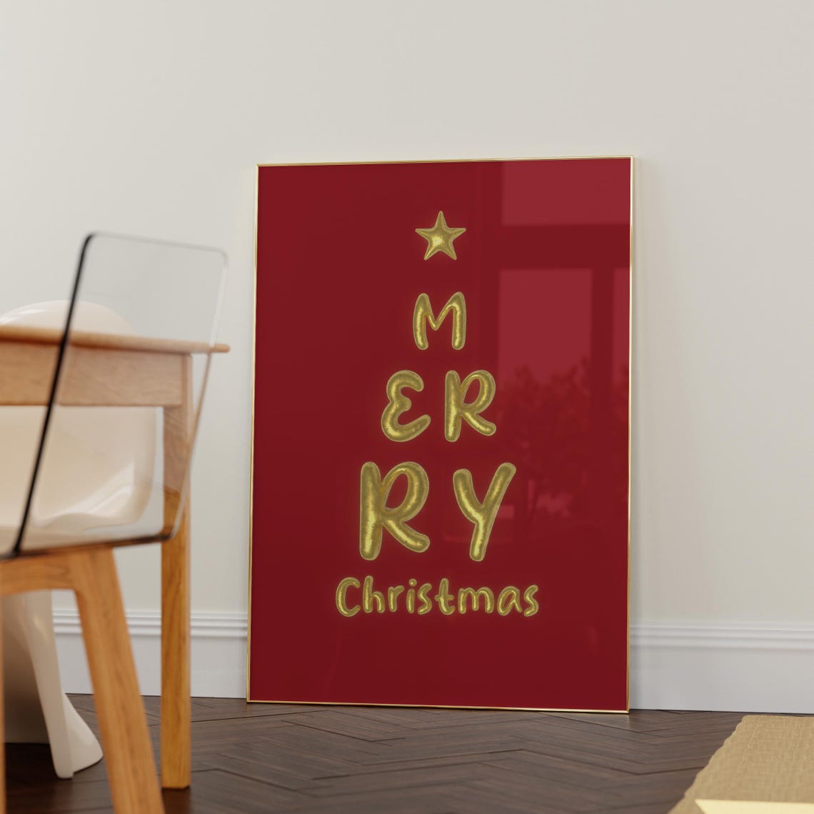 Merry Christmas Gold Balloon Tree Shape Letters Red Holiday Poster - Image 2
