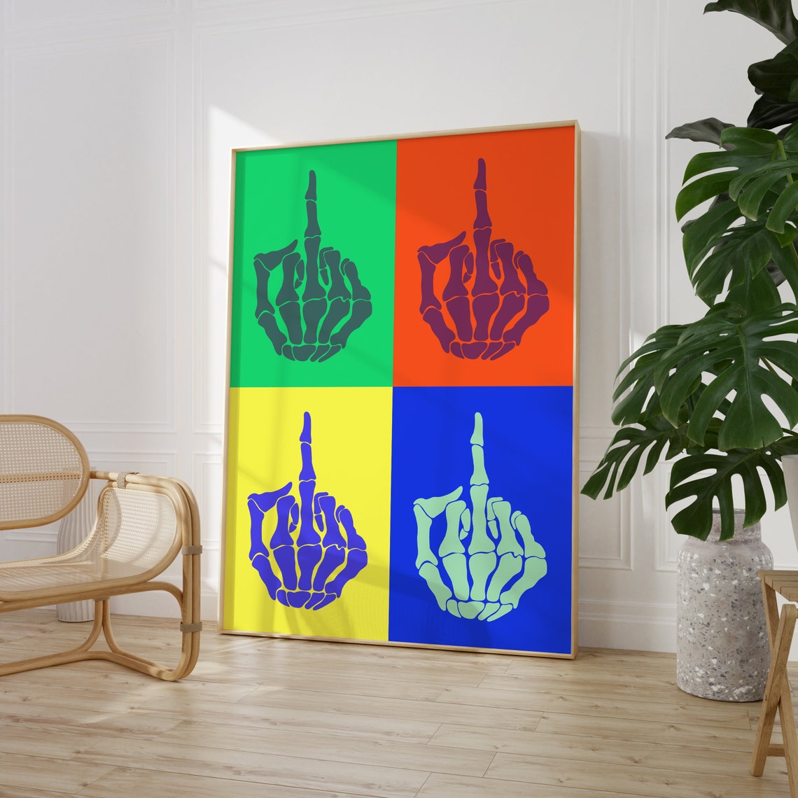 Colorful Pop Art Skeleton Hand Middle Finger Four Panel Poster - Image 9