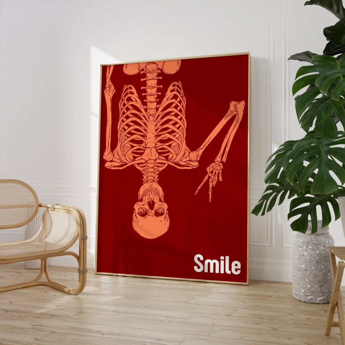 Smile Inverted Skeleton Bold Red Moody Gothic Halloween Art Poster - Image 3