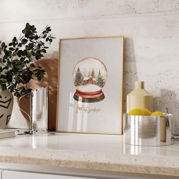 Let It Snow Christmas Snow Globe Cabin Watercolor Art Poster