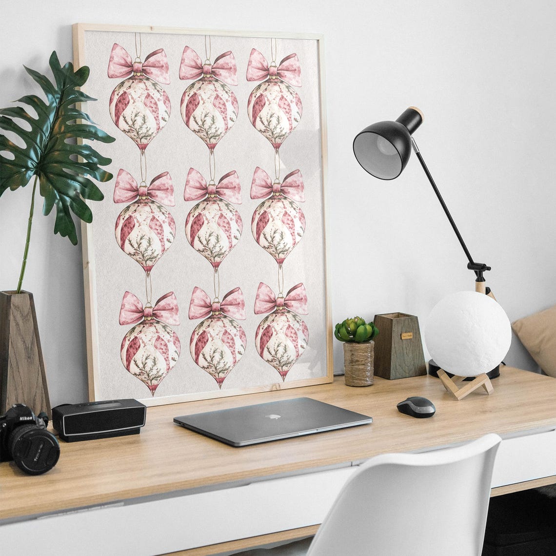 Pink Bow Christmas Ornaments Grid Chinoiserie Style Wall Poster - Image 4