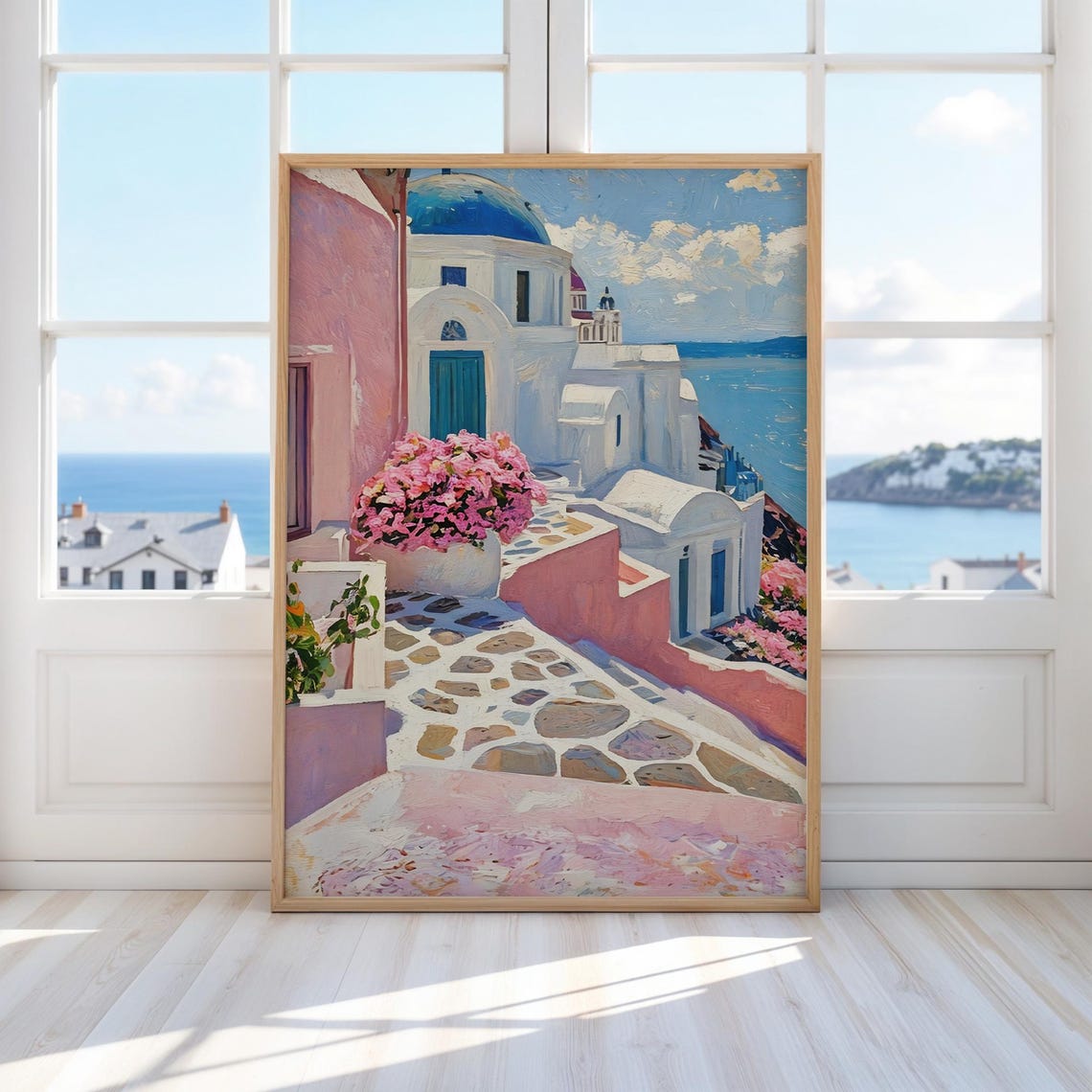 Pink Santorini Greek Island Blue Dome Church Coastal Art Poster