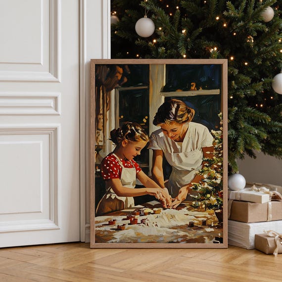 Vintage Christmas Baking Poster Mother And Daughter Holiday Art Family Print