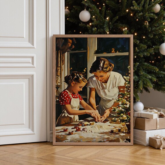 Vintage Christmas Mother Daughter Baking Cookies Holiday Art Print