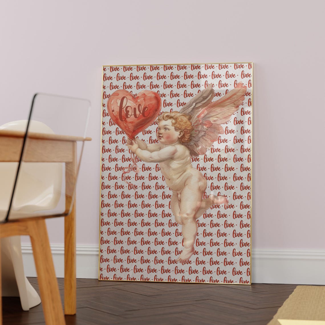 Cupid Angel Holding Love Heart Balloon Vintage Romantic Wall Art - Image 6